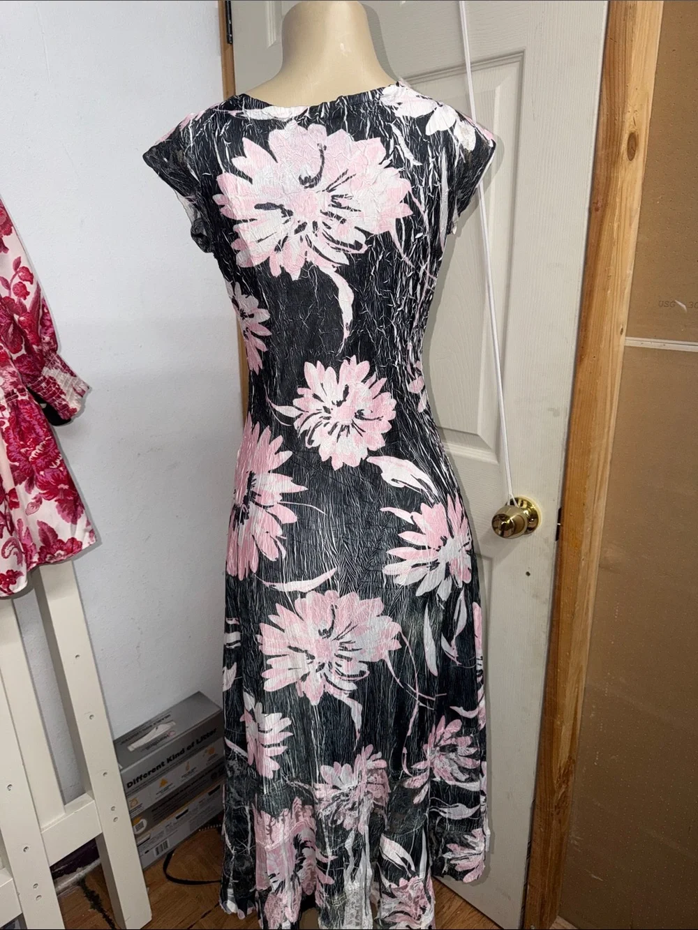 Komarov Black Midi Dress with Pink Floral Print